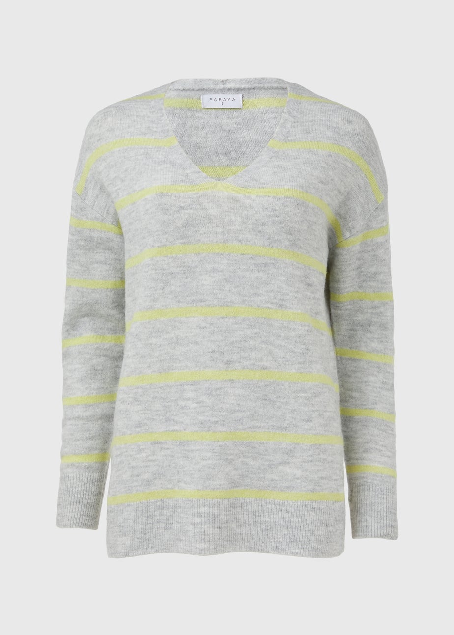 Grey Spandex Stripe V Neck Jumper
