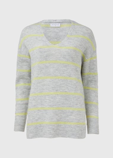 Grey Spandex Stripe V Neck Jumper