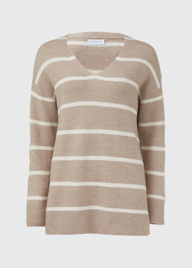Beige Spandex Stripe V Neck Jumper