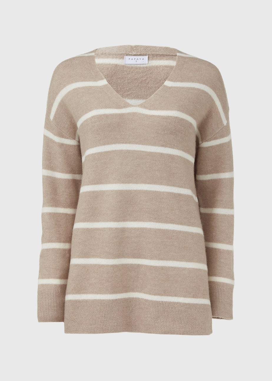 Beige Spandex Stripe V Neck Jumper
