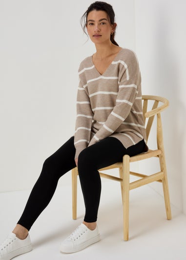 Beige Spandex Stripe V Neck Jumper