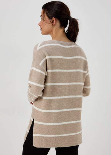 Beige Spandex Stripe V Neck Jumper