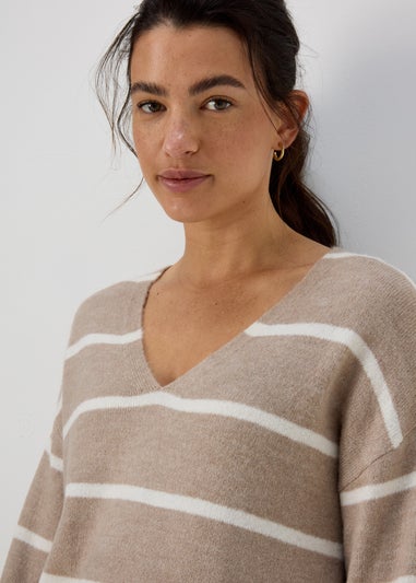 Beige Spandex Stripe V Neck Jumper