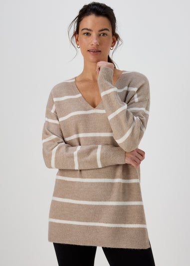 Beige Spandex Stripe V Neck Jumper