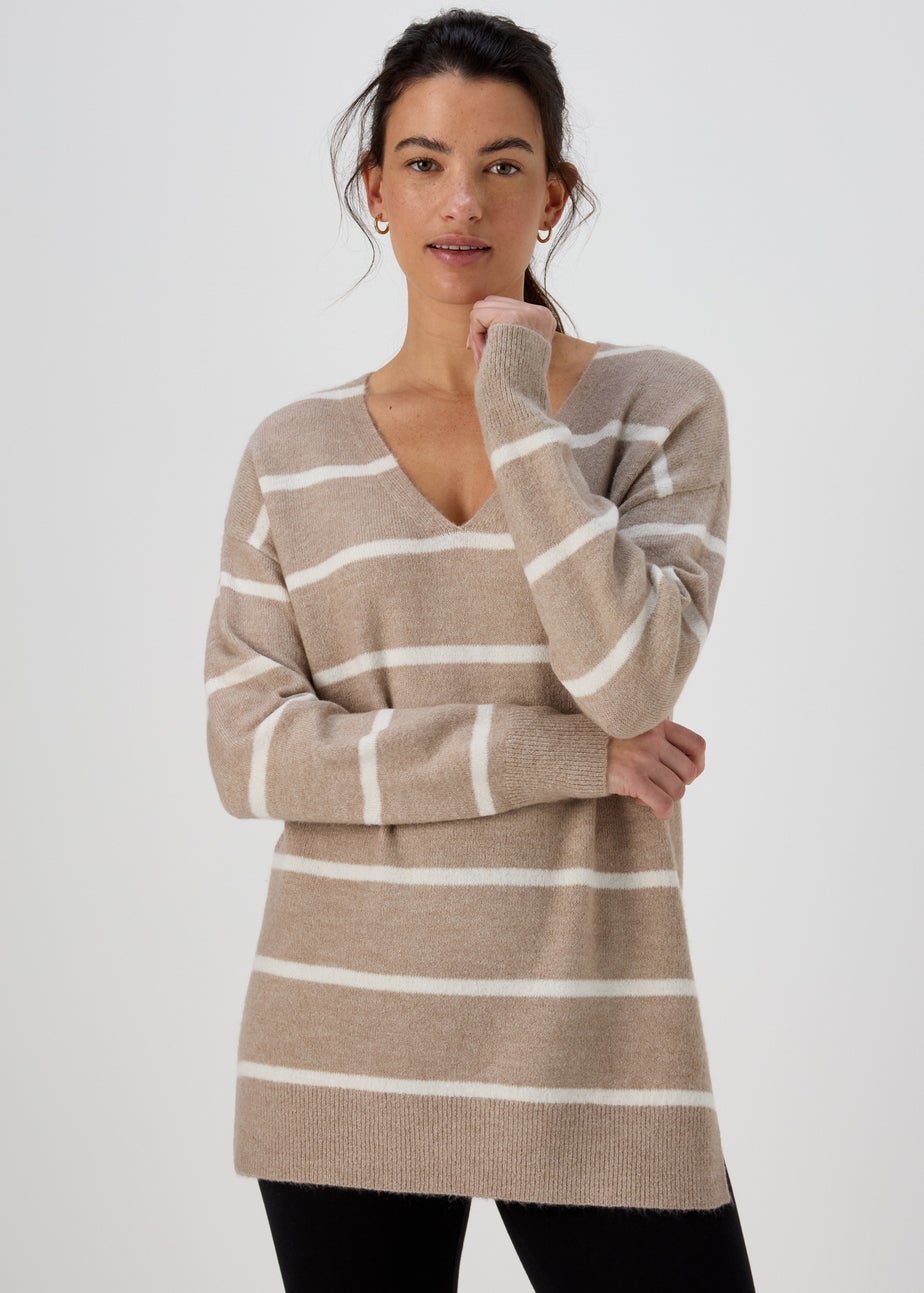 Beige Spandex Stripe V Neck Jumper