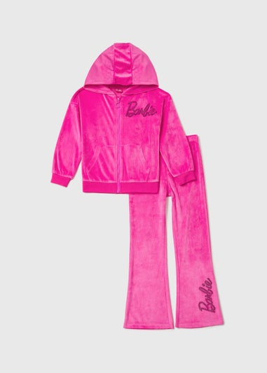 Kids Pink Barbie Velour Hoodie Joggers Set (4-11yrs) Matalan