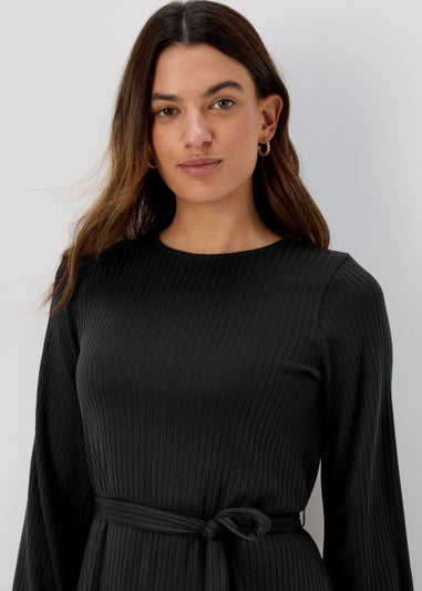 Black Belted Ribbed Mini Dress
