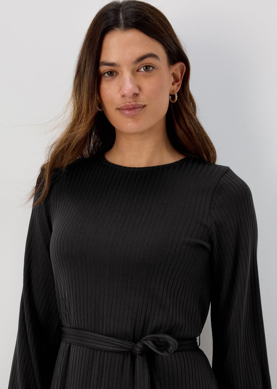 Black Belted Ribbed Mini Dress