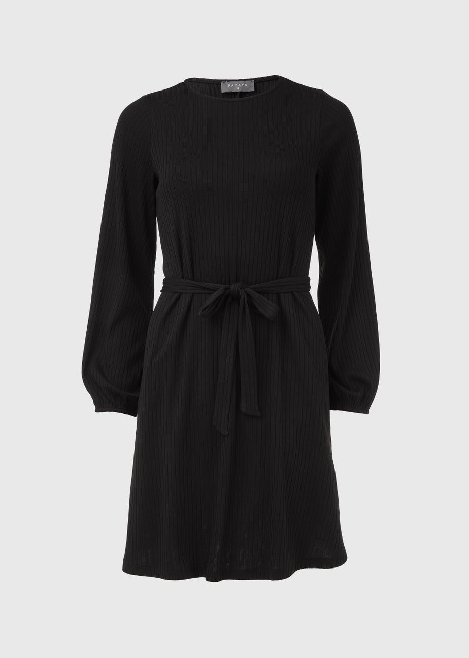 Black Belted Ribbed Mini Dress