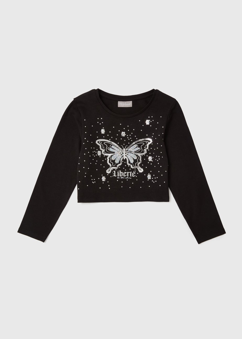 Girls Black Sequin Butterfly T Shirt (7-13yrs)