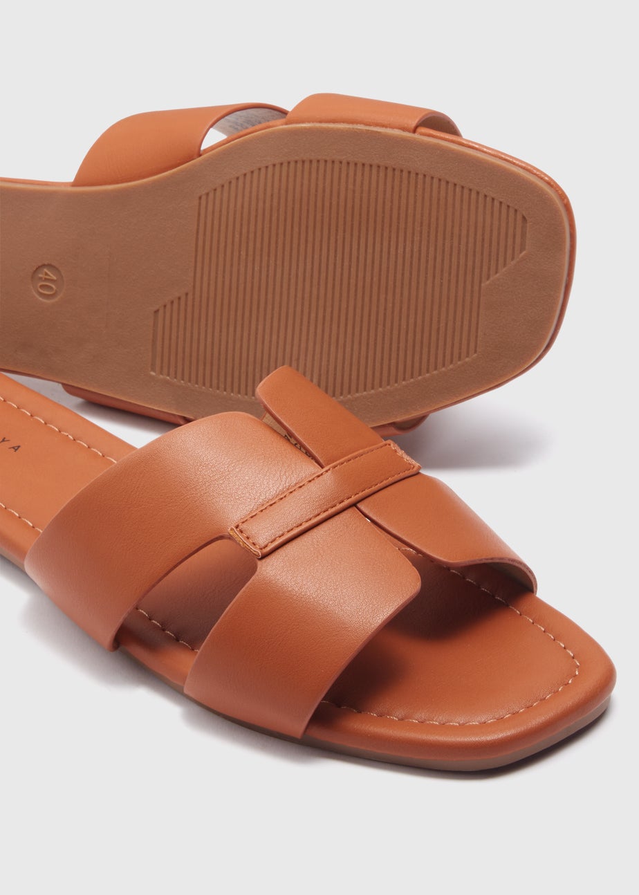 Brown Wide Fit Faux Leather Slides