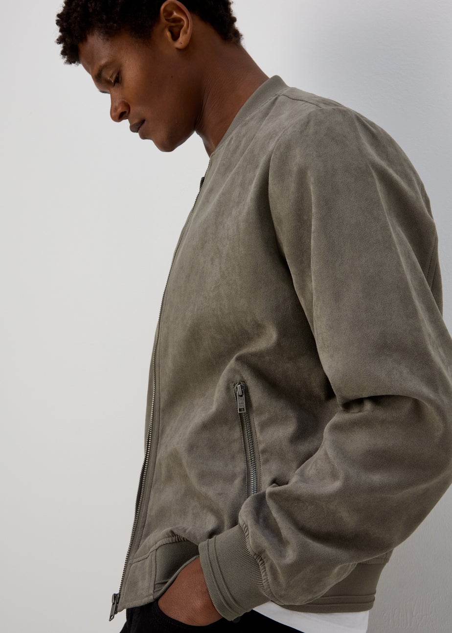 Grey Faux Suede Bomber Jacket