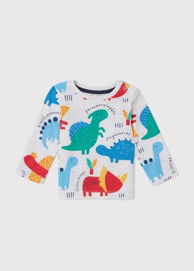 Boys Grey Marl Dinosaur Print Long Sleeve T-Shirt (Newborn-23yrs)