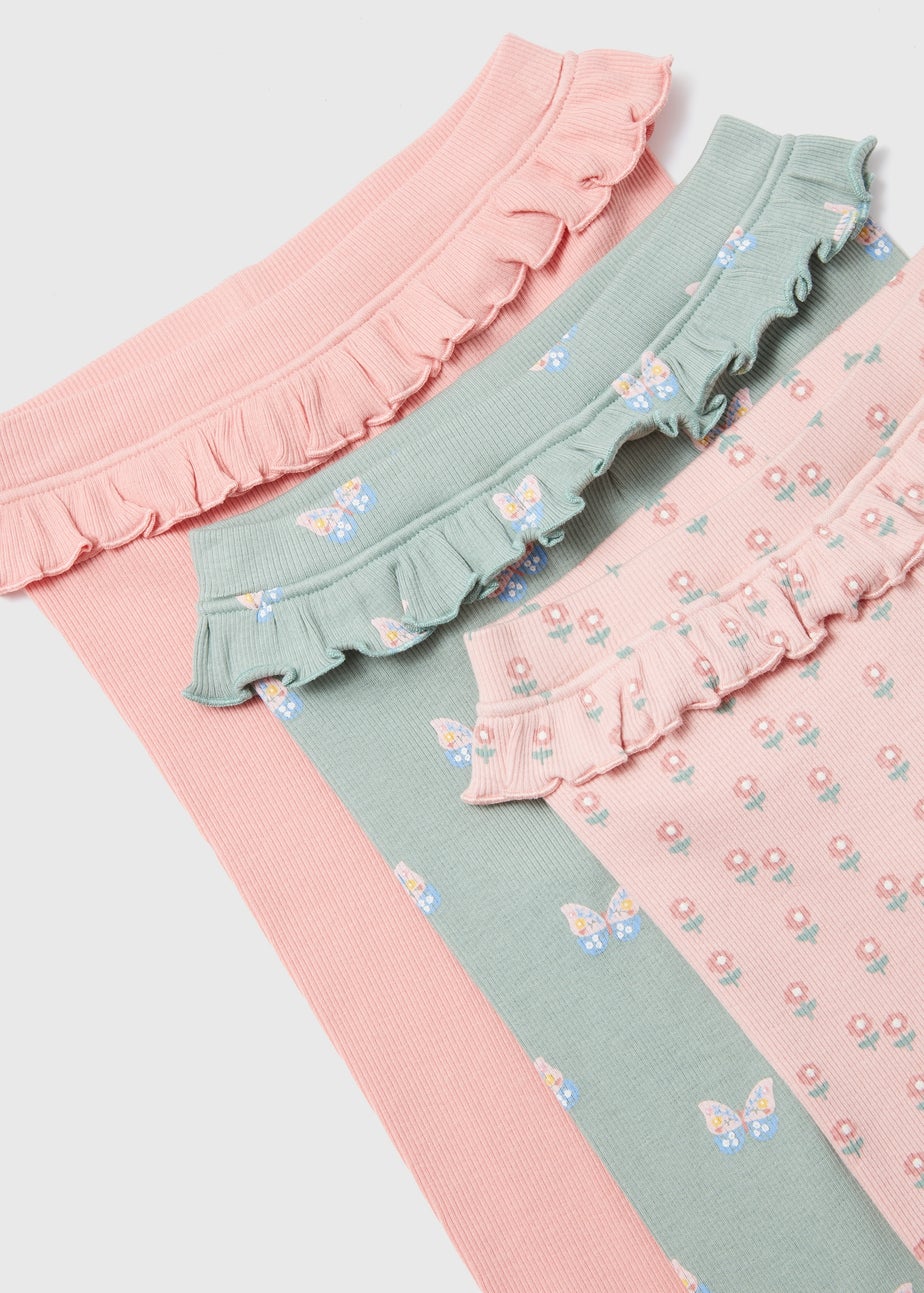 Girls Pink 3 Pack Ribbed Leggings (1-7yrs)