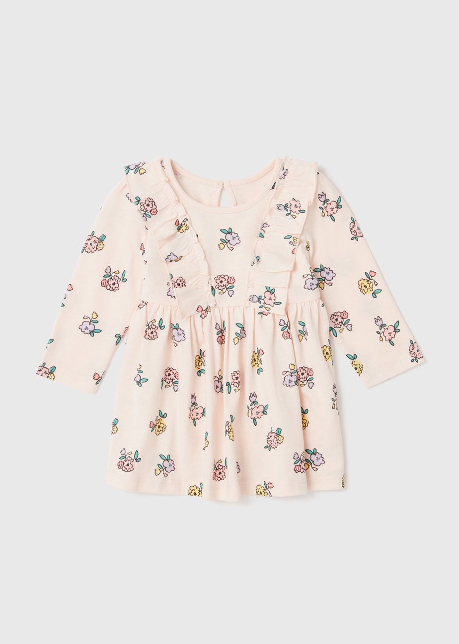 Girls Pink Ditsy Print Long Sleeve Dress (Newborn-23mths)
