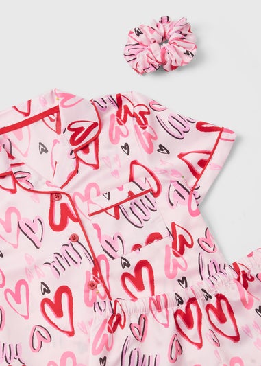 Girls Pink Valentines Day Satin Shorts Set (4-13yrs)