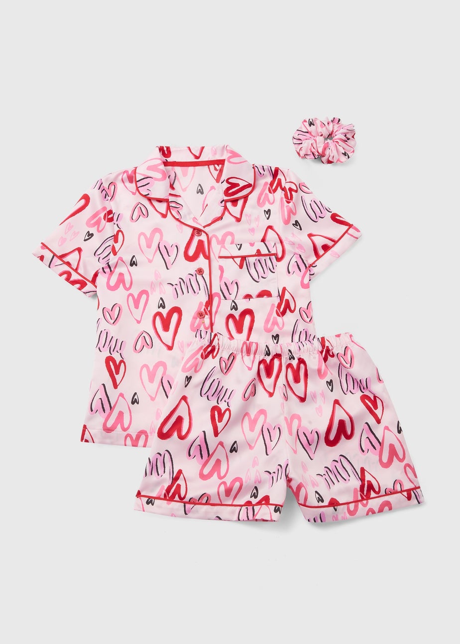 Girls Pink Valentines Day Satin Shorts Set (4-13yrs)
