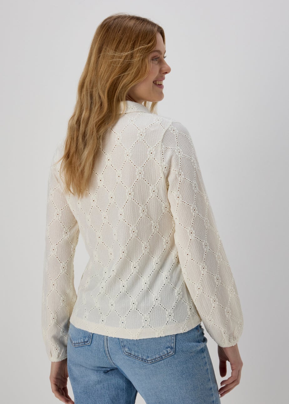 Cream V-Neck Long Sleeve Polo Shirt