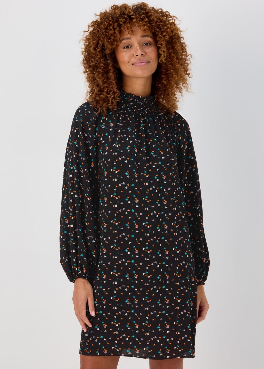 Multicoloured Floral Print Shirred Bubble Mini Dress