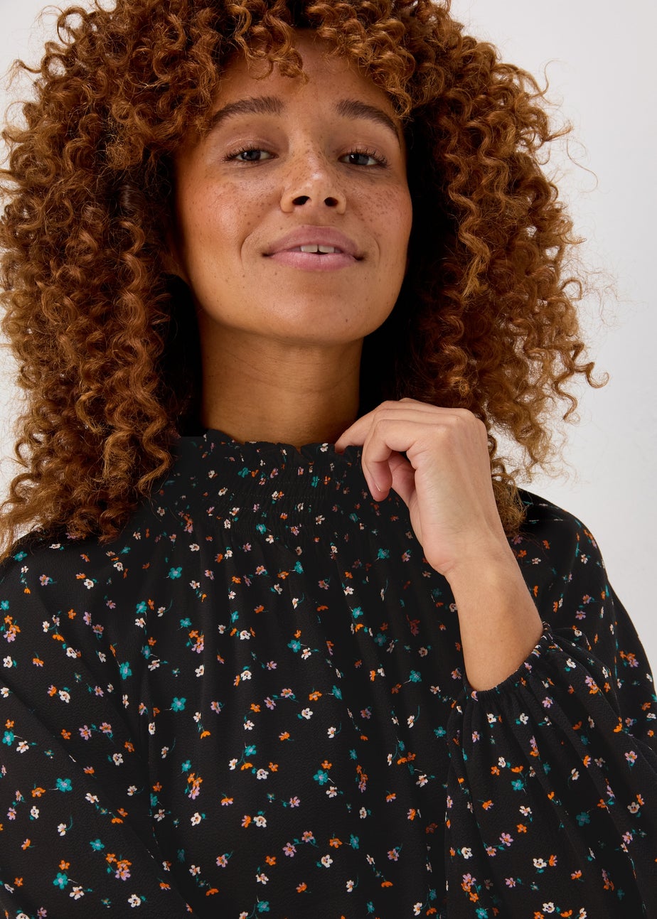 Multicoloured Floral Print Shirred Bubble Mini Dress