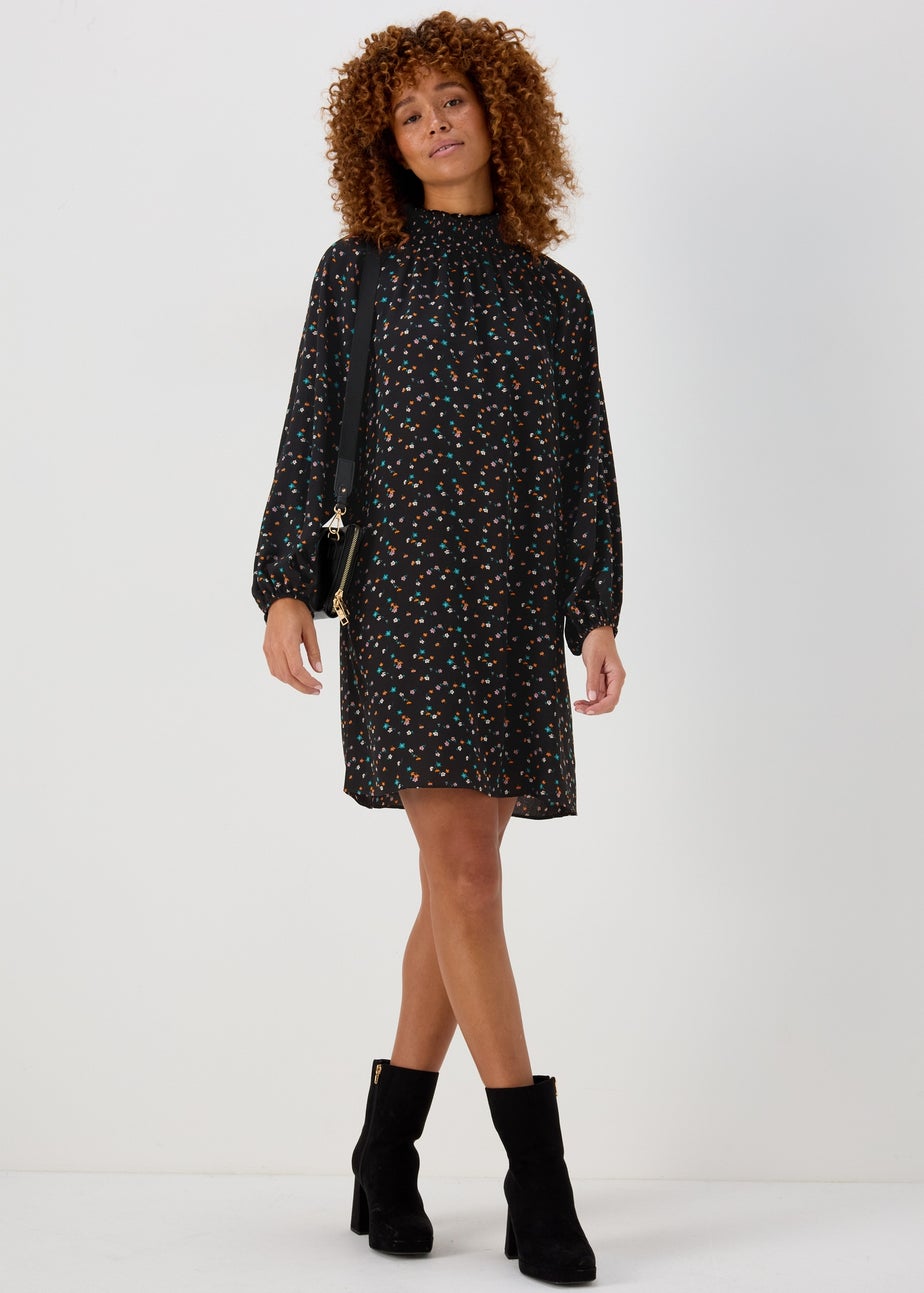 Multicoloured Floral Print Shirred Bubble Mini Dress