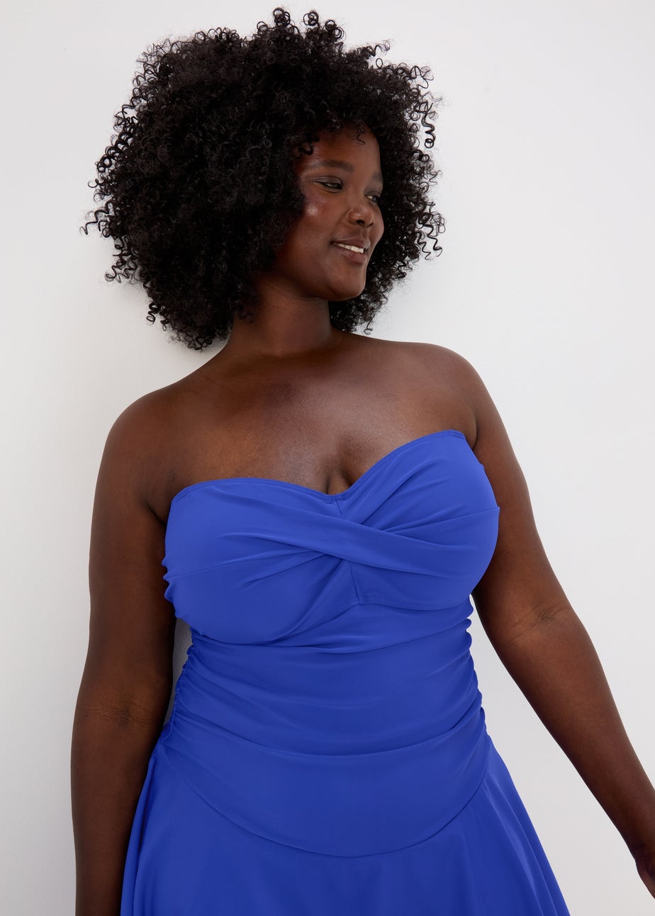 Blue Solid Cupped Swim Dress