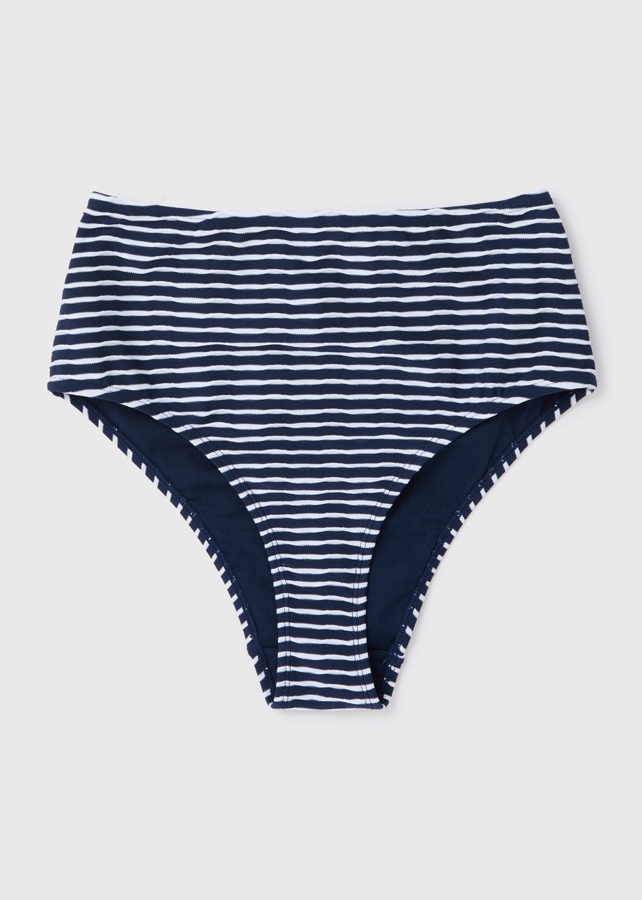 Navy Stripe Textured High Waisted Brazilian Bottoms