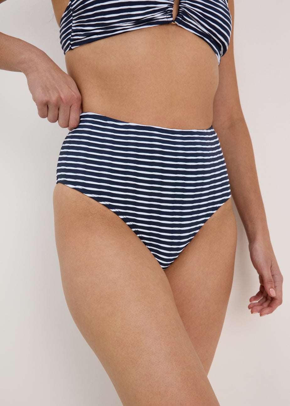 Navy Stripe Textured High Waisted Brazilian Bottoms