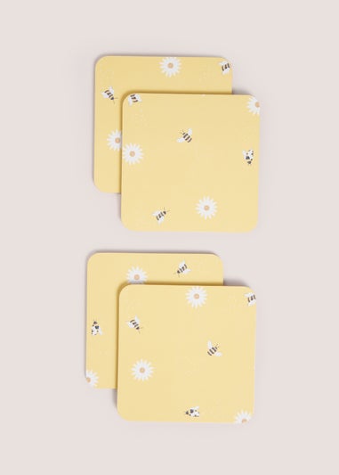 4 Pack Light Yellow Daisy Bee Cork Coasters