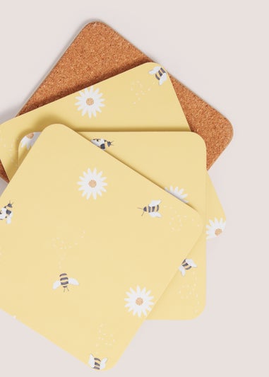 4 Pack Light Yellow Daisy Bee Cork Coasters