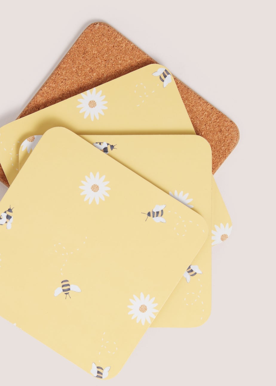 4 Pack Light Yellow Daisy Bee Cork Coasters