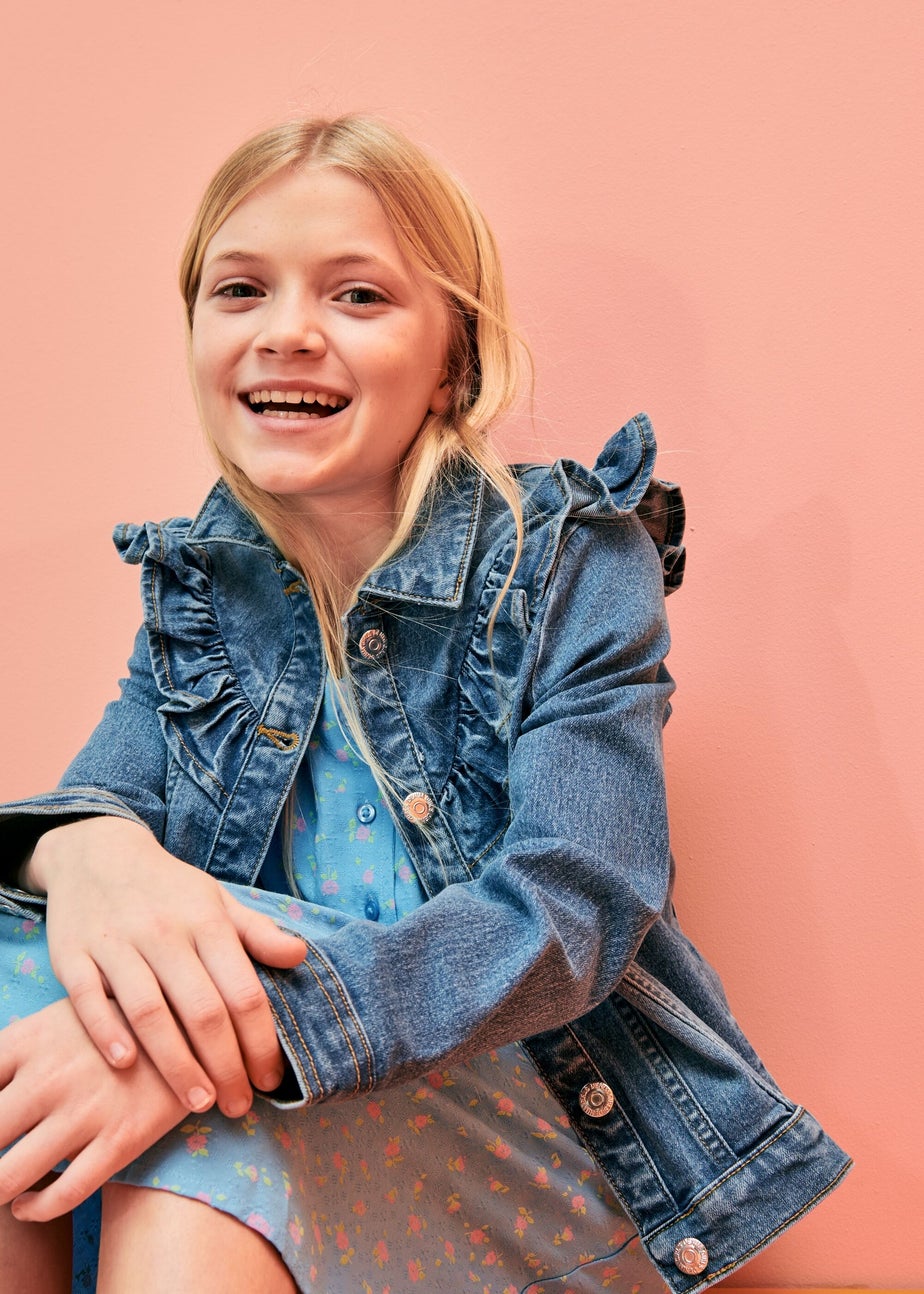 Girls Denim Mid Wash Frill Detail Denim Jacket (7-13yrs)