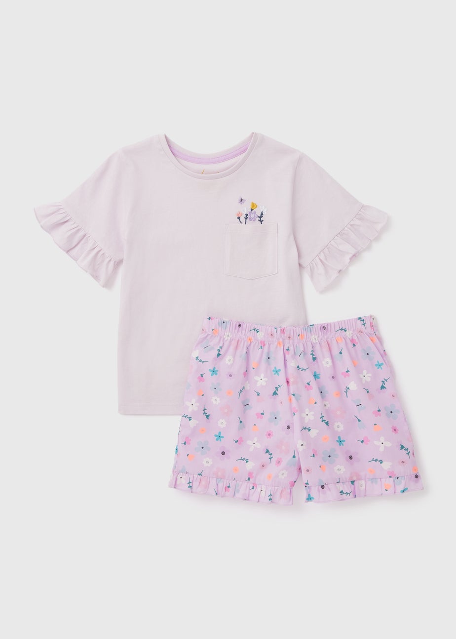 Girls Lilac Floral Woven Jersey Top & Shorts Pyjama Set (4-13yrs)