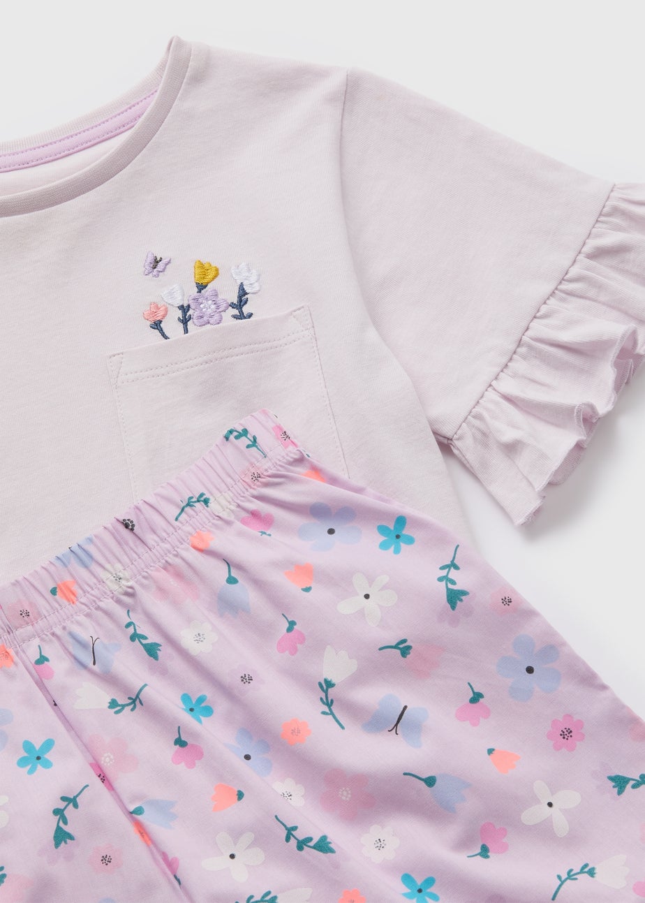 Girls Lilac Floral Woven Jersey Top & Shorts Pyjama Set (4-13yrs)