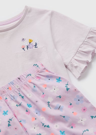 Girls Lilac Floral Woven Jersey Top & Shorts Pyjama Set (4-13yrs)