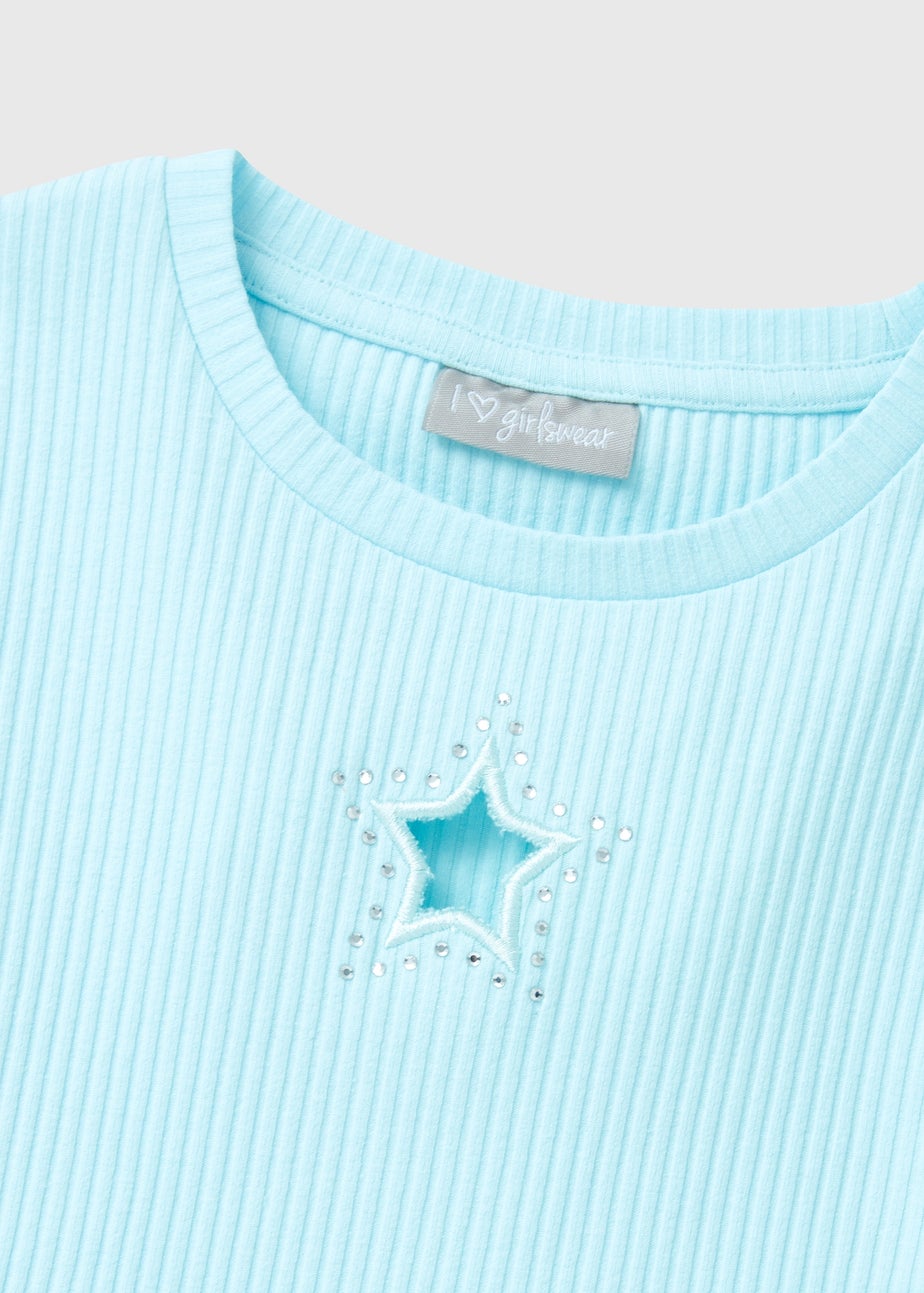 Girls Blue Ribbed Star Cut Out T-Shirt (7-15yrs)