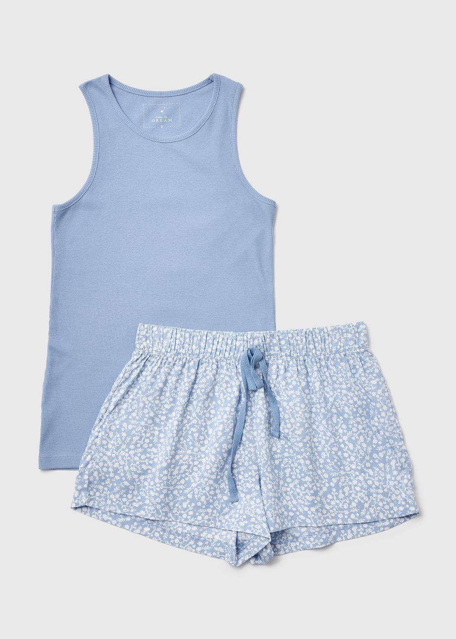 Blue Ribbed Viscose Shorts Set
