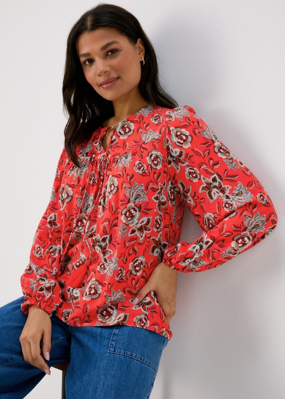 Red Tassle Printed Boho Blouse