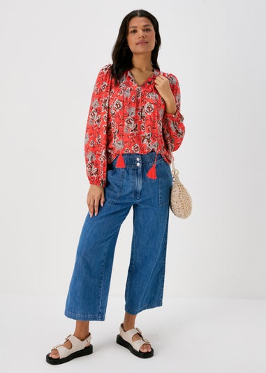 Red Tassle Printed Boho Blouse