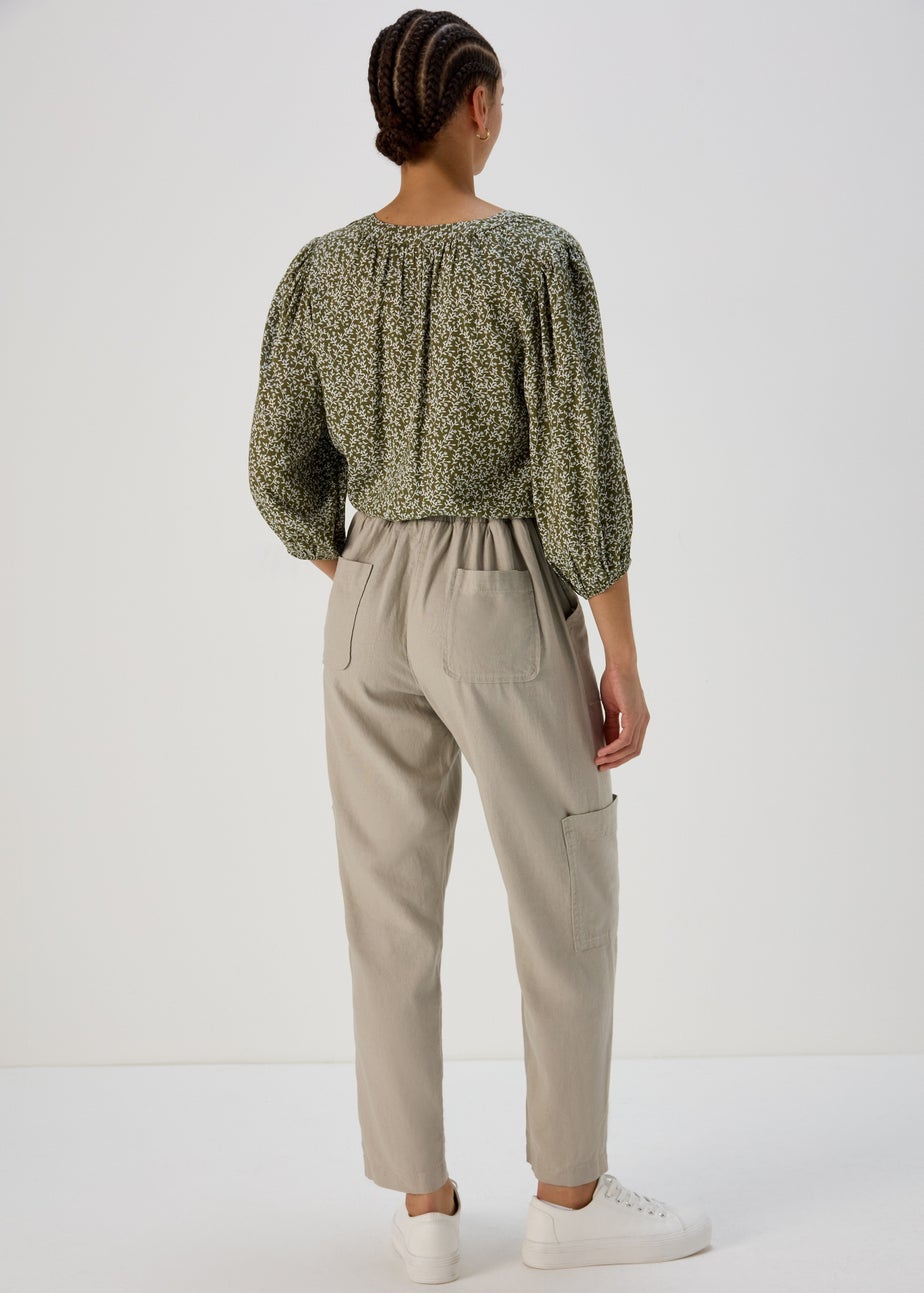 Beige Tapered Linen Cargo Trousers