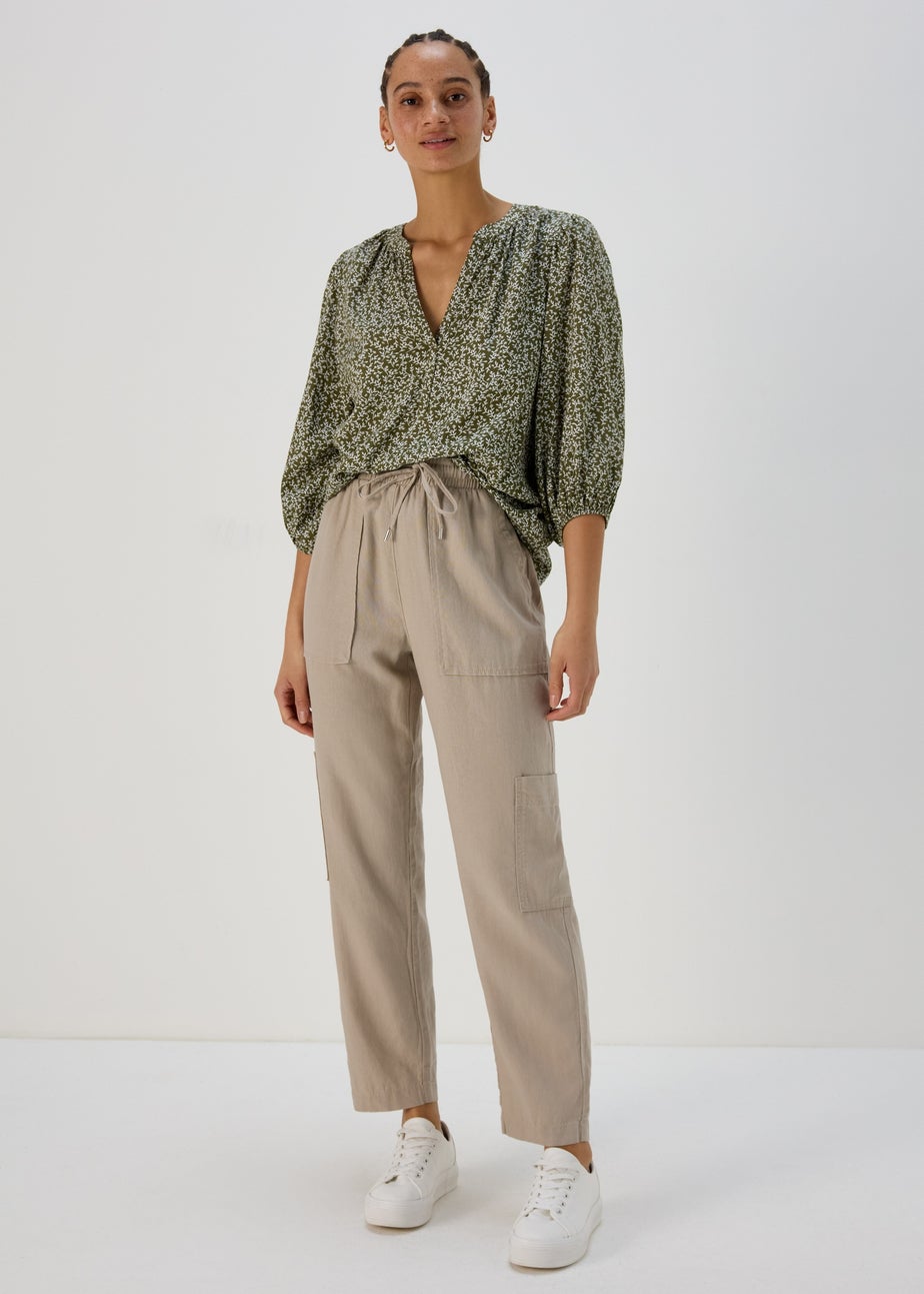 Beige Tapered Linen Cargo Trousers