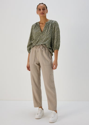 Beige Tapered Linen Cargo Trousers