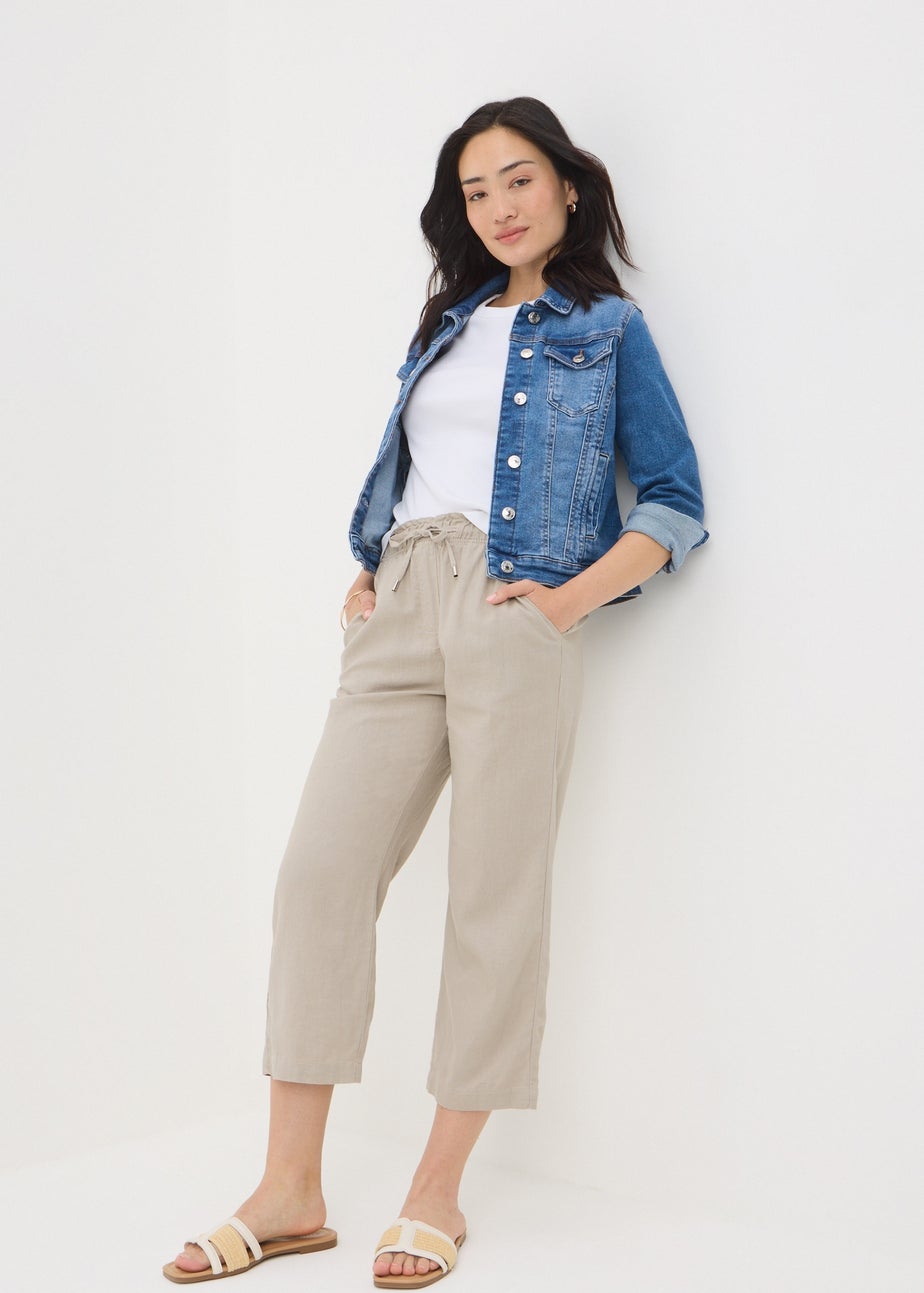 Stone Linen Tapered Crop Trousers