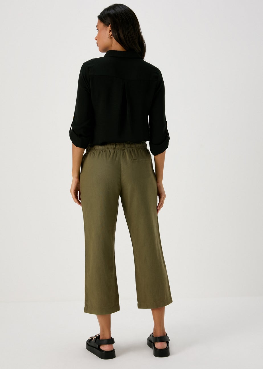 Khaki Linen Tapered Crop Trousers