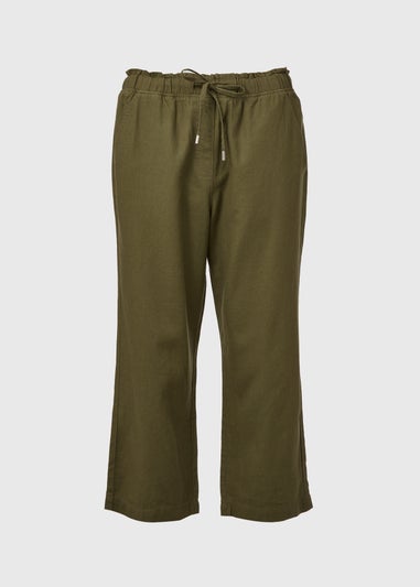Khaki Linen Tapered Crop Trousers