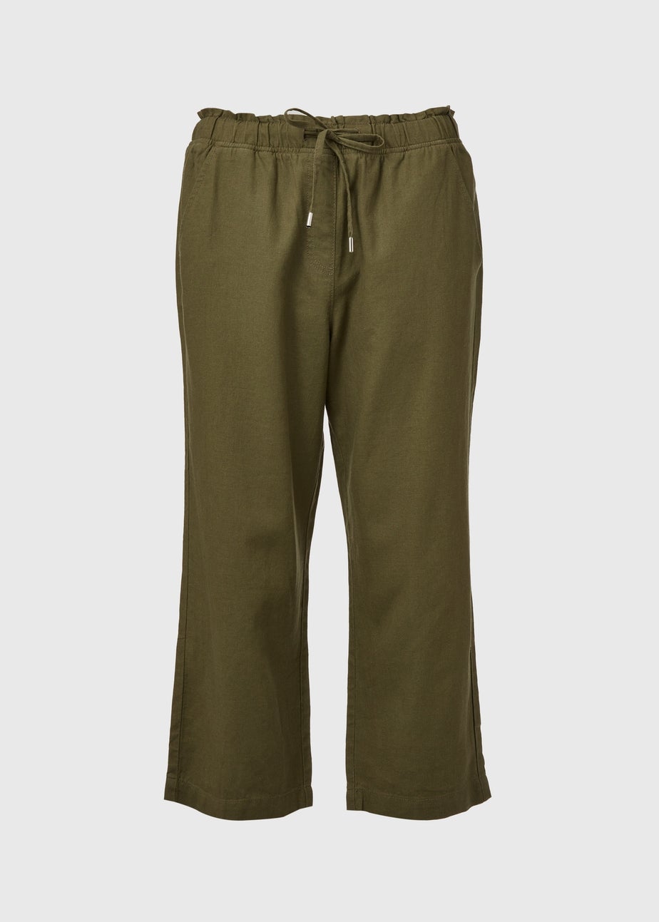 Khaki Linen Tapered Crop Trousers