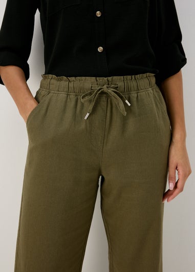 Khaki Linen Tapered Crop Trousers