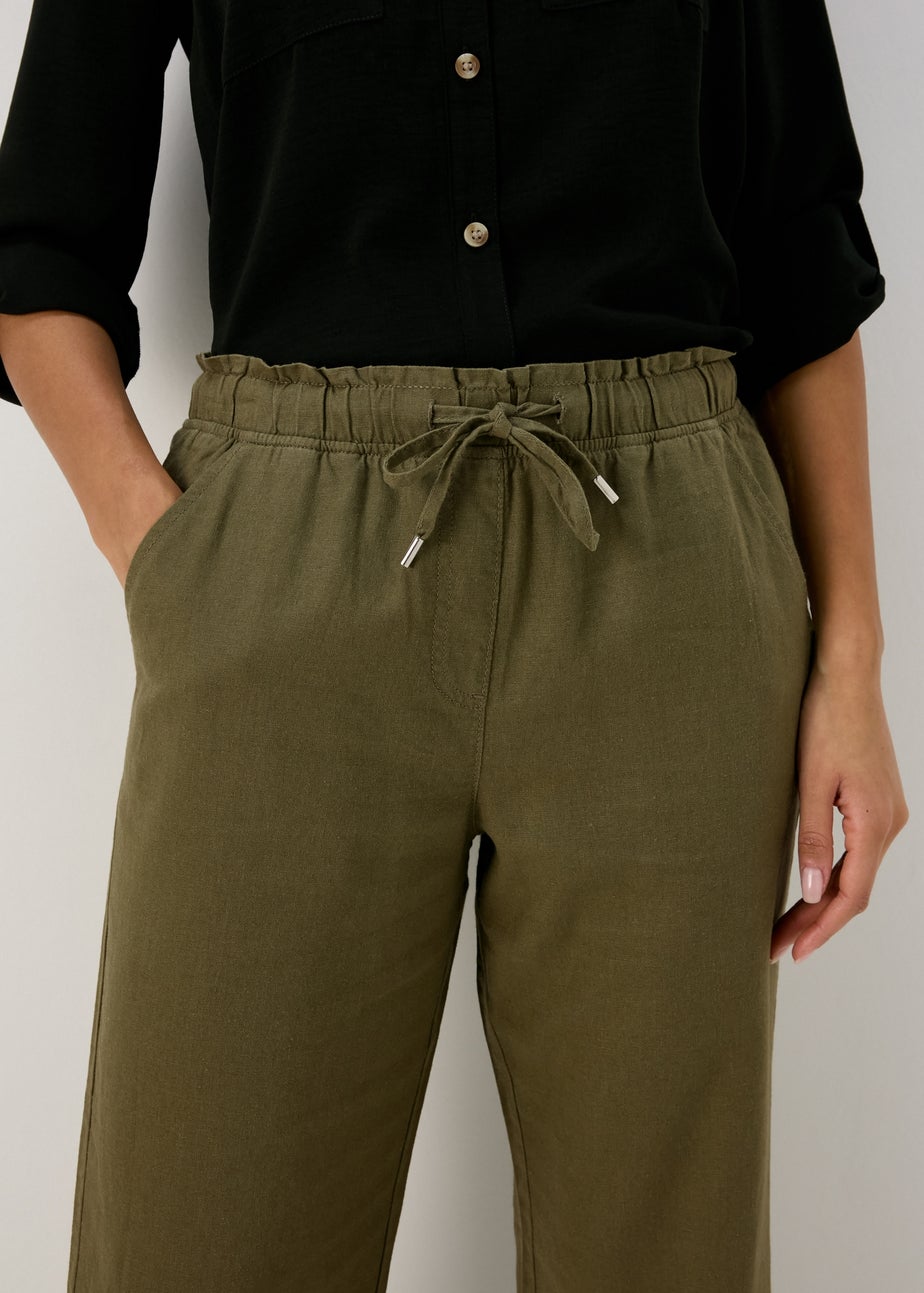 Khaki Linen Tapered Crop Trousers