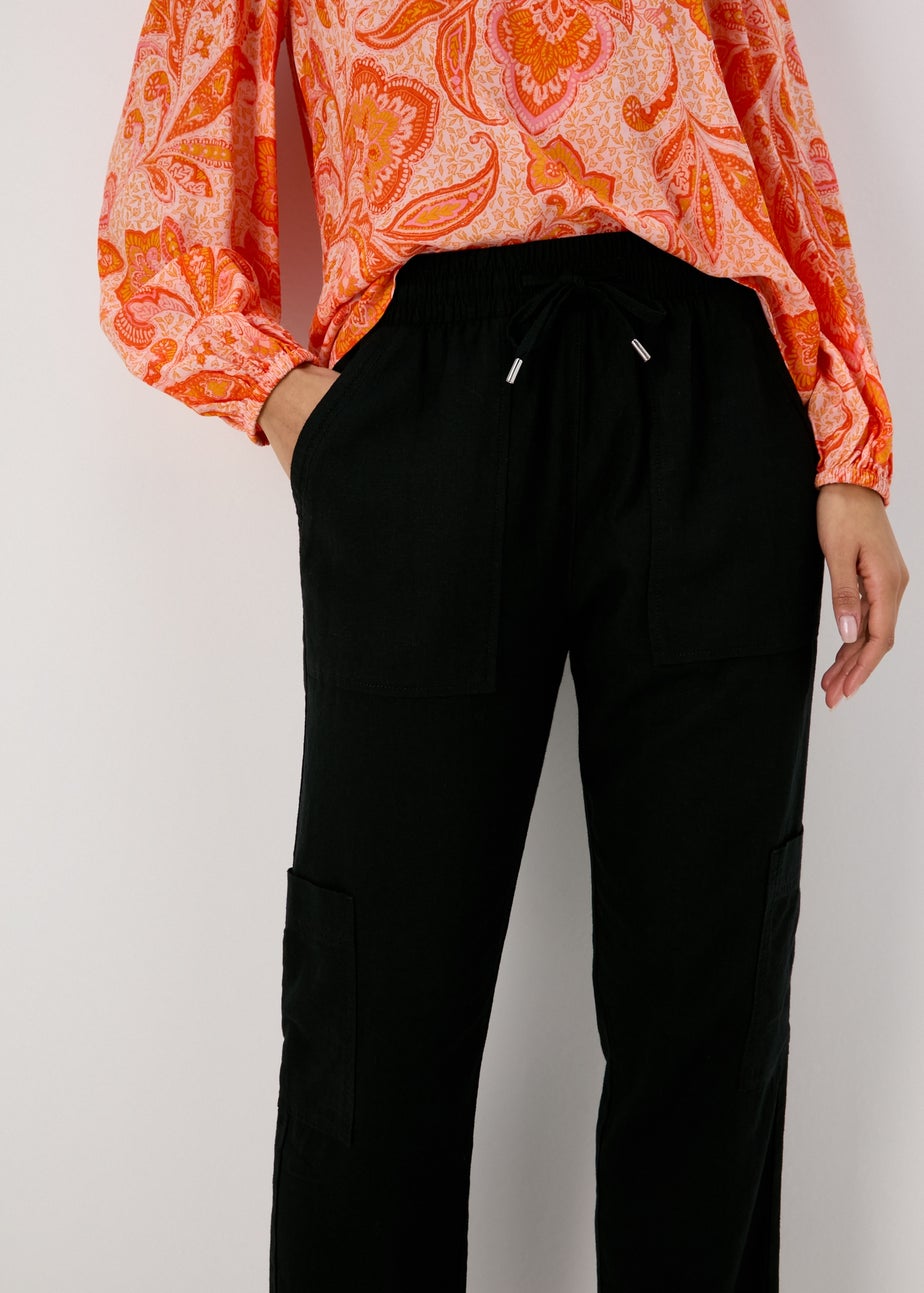 Black Linen Cargo Trousers