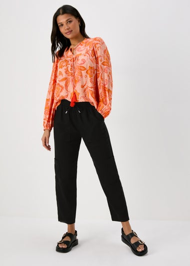 Black Linen Cargo Trousers